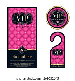 VIP party premium invitation card, warning hanger and round label badge. Pink, black and golden design template set. Quilted texture, diamonds, vignettes and metal.