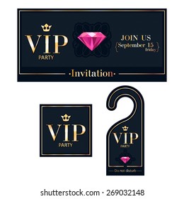 VIP party premium invitation card, warning hanger and square label badge. Black and golden design template set. Diagonal texture, pink ruby and metal.