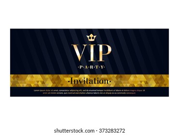 VIP party premium invitation card poster flyer. Black and golden design template. Mosaic faceted pattern and diagonal stripes decorative background.