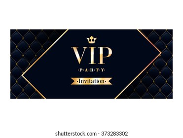 VIP Party Premium Invitation Card Poster Flyer. Black And Golden Design Template. Quilted Pattern Decorative Background With Rotated Card.