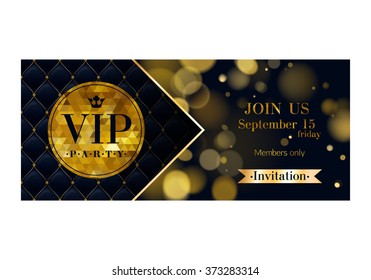 VIP party premium invitation card poster flyer. Black and golden design template. Glow bokeh and quilted pattern decorative background. Mosaic faceted letters.