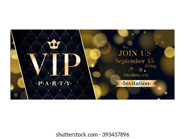 VIP party premium invitation card poster flyer. Black and golden design template. Glow bokeh and quilted pattern decorative background. Mosaic faceted letters.