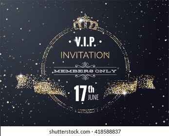 VIP Party Premium Invitation Card Poster Flyer With Curving Ribbon, Crown. Black And Golden Design Template. Vector Illustration