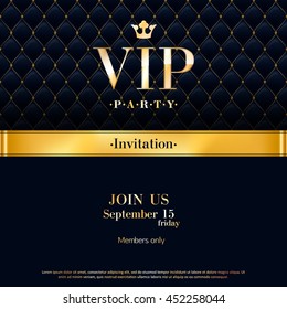VIP party premium invitation card poster flyer. Black and golden design template. Quilted pattern decorative background with gold ribbon and round badge.