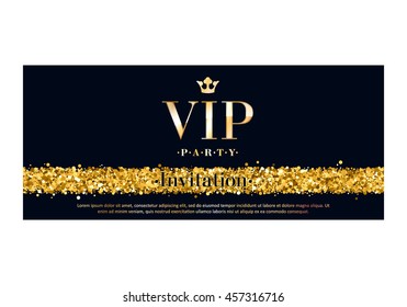 VIP party premium invitation card poster flyer. Black and golden design template. Glow glitter dust decorative background.