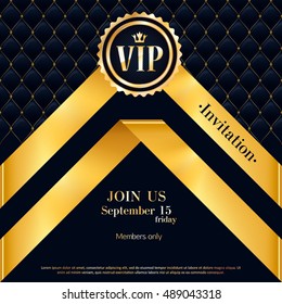 VIP party premium invitation card poster flyer. Black and golden design template. Quilted pattern decorative background with gold ribbon and round badge.