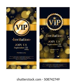 VIP Party Premium Invitation Card Poster Flyer. Black And Golden Design Template. Golden Glow Bokeh Decorative Background With Gold Ribbon And Round Badge.