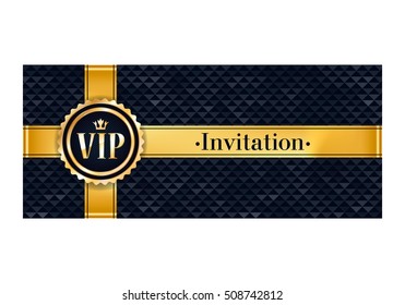 VIP party premium invitation card poster flyer. Black and golden design template. Faceted triangle pattern decorative background with gold ribbon and round badge.