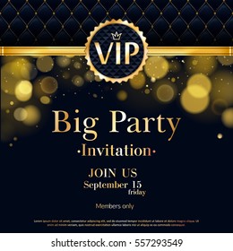VIP party premium invitation card poster flyer. Black and golden design template. Quilted pattern decorative background with gold ribbon and round badge. Bokeh glow design.