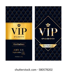 VIP Party Premium Invitation Card Poster Flyer. Black And Golden Design Template. Quilted Pattern Decorative Background With Gold Ribbon.