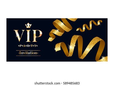 VIP Party Premium Invitation Card Poster Flyer. Black And Golden Design Template. Decorative Background With Gold Ribbons Serpentine.