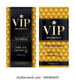 VIP party premium invitation card poster flyer. Black and golden design template. Quilted yellow pattern decorative background with black ribbon.