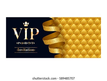 VIP party premium invitation card poster flyer. Black and golden design template. Quilted yellow pattern decorative background with gold ribbon serpentine.