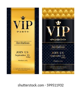 VIP party premium invitation card poster flyer set. Black and golden design template. Quilted yellow pattern decorative background with black and golden ribbon.