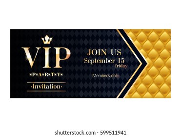 VIP party premium invitation card poster flyer. Black and golden design template. Quilted yellow pattern decorative background with black and golden ribbon.