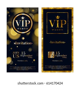 VIP Party Premium Invitation Card Poster Flyer Set. Black And Golden Design Template. Bokeh Glow Pattern Decorative Background.