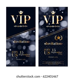 VIP Party Premium Invitation Card Poster Flyer Set. Black, Gray And Golden Design Template. Bokeh Glow Pattern Decorative Background.