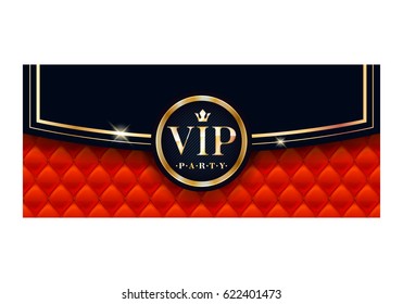 VIP party premium invitation card poster flyer. Black and golden design template. Envelope design with quilted red pattern and round badge. Decorative background.