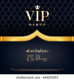 VIP Party Premium Invitation Card Poster Flyer. Black And Golden Design Template. Quilted Pattern Decorative Background With Golden Ribbon.