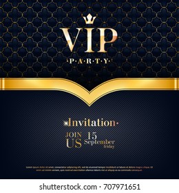 VIP Party Premium Invitation Card Poster Flyer. Black And Golden Design Template. Quilted Pattern Decorative Background With Golden Ribbon.