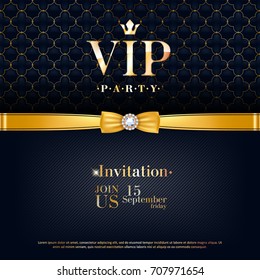 Festa VIP cartão de convite premium cartaz panfleto. Modelo de design preto e dourado. Padrão acolchoado fundo decorativo com fita dourada e arco.