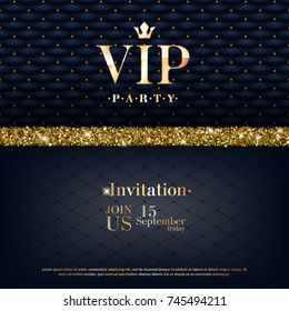 VIP party premium invitation card poster flyer. Black and golden design template. Quilted pattern decorative background with golden glitter border.