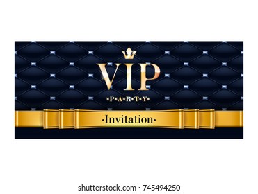 VIP party premium invitation card poster flyer. Black and golden design template. Quilted pattern decorative background with black and golden ribbon.