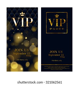 VIP party premium invitation cards posters flyers. Black and golden design template set. Glow bokeh and quilted pattern decorative background. Mosaic faceted letters.