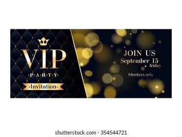 VIP party premium invitation cards posters flyers. Black and golden design template set. Glow bokeh and quilted pattern decorative background. Mosaic faceted letters.