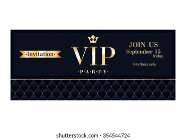 VIP Party Premium Invitation Cards Posters Flyers. Black And Golden Design Template Set. Glow Bokeh And Quilted Pattern Decorative Background. Mosaic Faceted Letters.