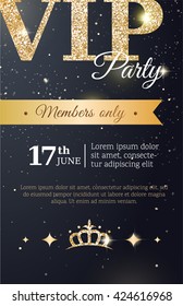 VIP party premium vertical invitation card. Black and golden design template. Vector illustration