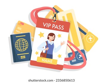 Vip pass for girl concept. Documents of journalist and popular personality, identity card. Woman with foreign passport and airplane tickets. Travel and tourism. Cartoon flat vector illustration