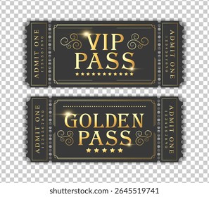 VIP pass and golden pass templates. Suitable for festival, cinema, theater, concert, casino, circus, event tickets. Vector illustration
