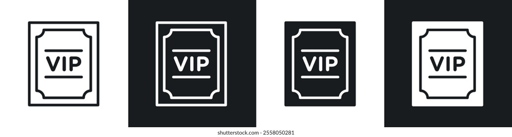 VIP pass icons pack in black and white filled and outlined versions.