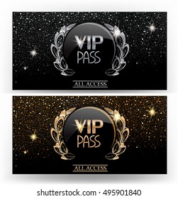 vip PASS sparkling gold and silver cards. Vector illustration