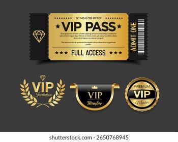 VIP Pass Ticket  Luxury Black and Gold Cinema Style Invitation or Event Access Badge