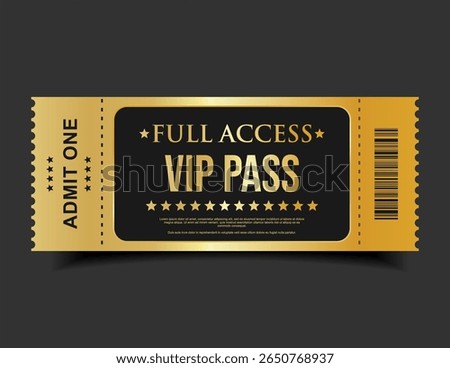 VIP Pass Ticket  Luxury Black and Gold Cinema Style Invitation or Event Access Badge