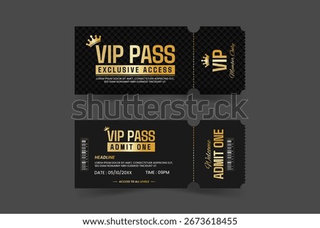 VIP Pass Ticket in Luxury Black and Gold Style, Cinema Invitation or Exclusive Event Access