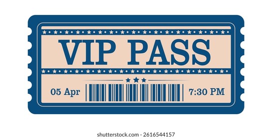 VIP pass ticket vector flat in vintage style, simple style, blue and cream color palette