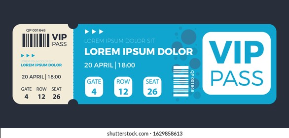 VIP Pass Ticket vector illustration in the flat style. Ticket stub isolated on a background. Event ticket.