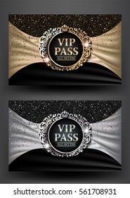 VIP PASS with vintage frame and fabric background. Vector illustration