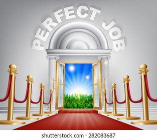 A VIP perfect job door opening to reveal a sunrise and beautiful green landscape. Perhaps a concept for hope for the future.