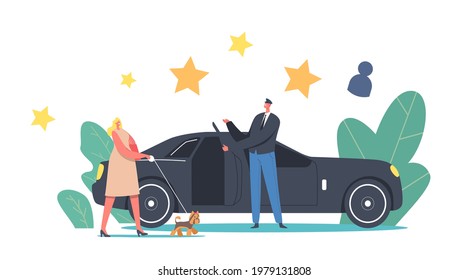 VIP Person Female Character with Little Dog on Leash Enter Limousine with Driver Open Door. Celebrity or Very Important Person Lifestyle, Premium Class Services. Cartoon People Vector Illustration