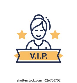 VIP person - modern vector single line icon. An image of a very important person person with a sign and stars. Representation of importance, royalty, face control, significance, status