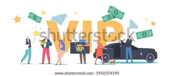 VIP Persons Lifestyle Concept. Luxury\
Characters with Gold Cards Premium Service, Woman with Dog Enter\
Limousine, Waiter Carry Star on Tray Poster Banner Flyer. Cartoon\
People Vector Illustration