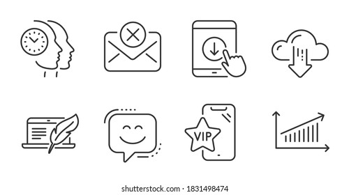 Vip phone, Reject mail and Copyright laptop line icons set. Smile face, Scroll down and Time management signs. Chart, Cloud download symbols. Quality line icons. Vip phone badge. Vector