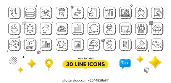 Vip phone, Timer e Star line ícones pack. Elementos de design 3d. Ícone da web Integridade, Calendário, Edifícios. Servidores, Consultor, pictograma Arena Stadium. Ferramenta Spanner, Tratamento de depressão, Diesel. Vetor