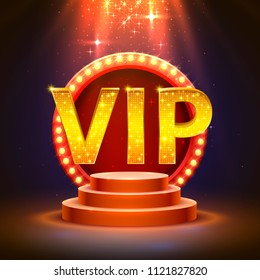 Vip podium with lighting, Stage Podium Scene with for Award Ceremony on red Background. Vector illustration