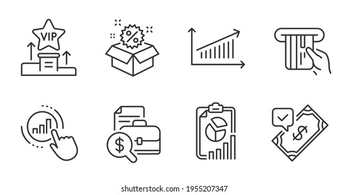 Vip podium, Report and Accounting report line icons set. Sale, Chart and Graph chart signs. Accepted payment, Credit card symbols. Exclusive privilege, Financial case, Discount. Finance set. Vector