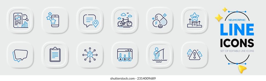 Vip podium, Survey results and Best app line icons for web app. Pack of Fisherman, Fluorine mineral, Bike rental pictogram icons. Chat bubble, Warning, Speech bubble signs. Clipboard. Vector